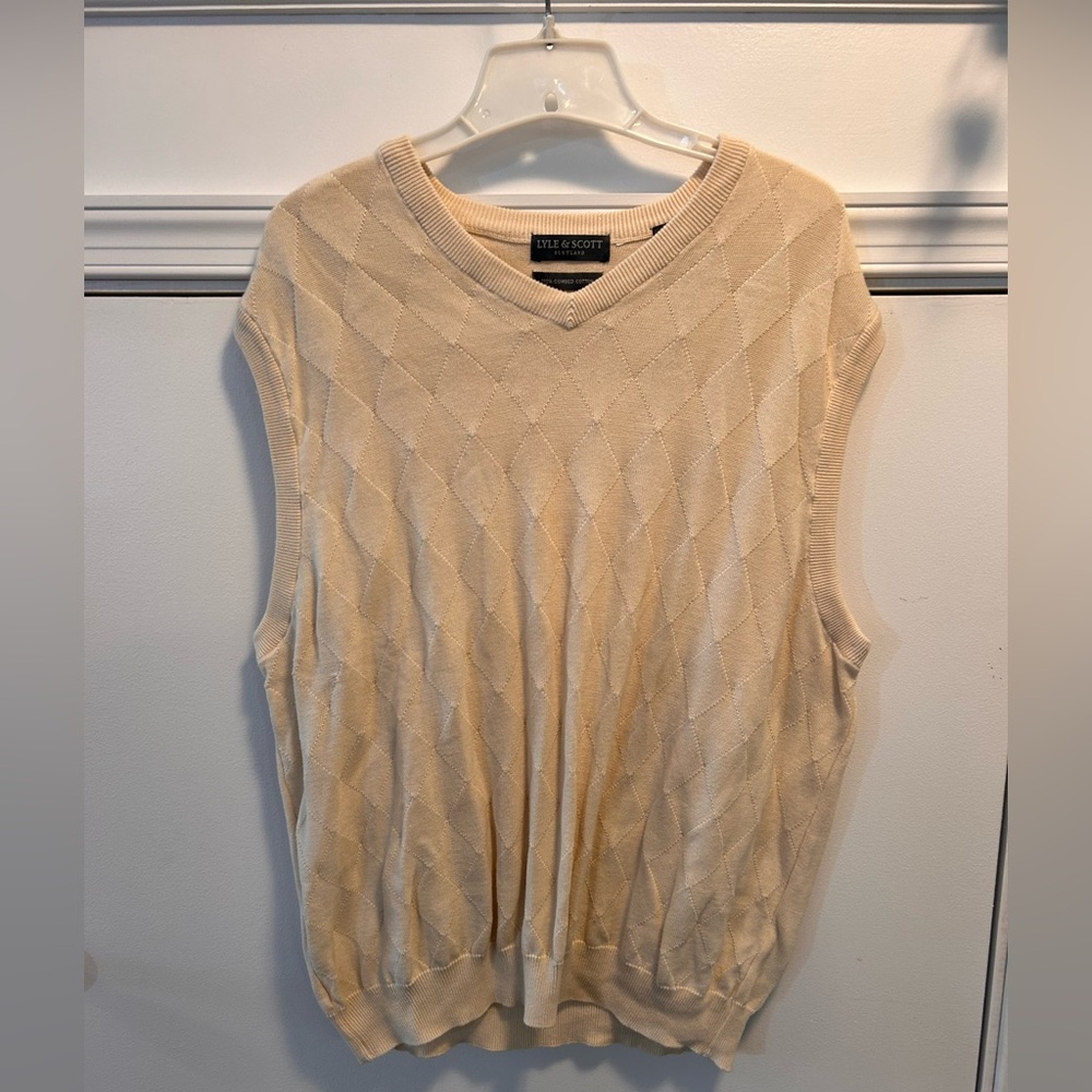 Lyle & Scott Sweater Vest Beige V-Neck Combed Cotton Preppy Golf‎ Men's XL